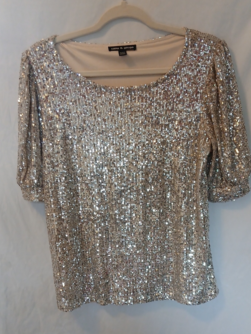 Cable & Gauge Silver Sequin Scoop Neck Short Sleeve Top